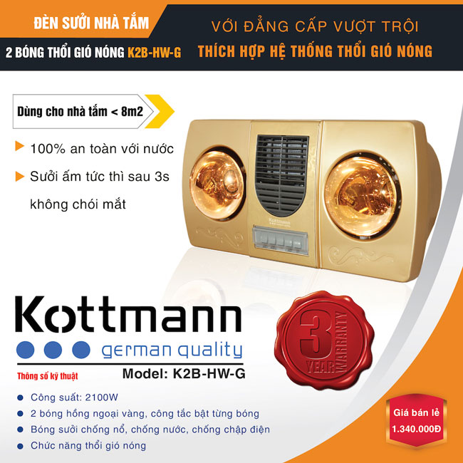 Đèn sưởi nhà tắm Kottmann 2 bóng thổi gió nóng K2B- HW-G