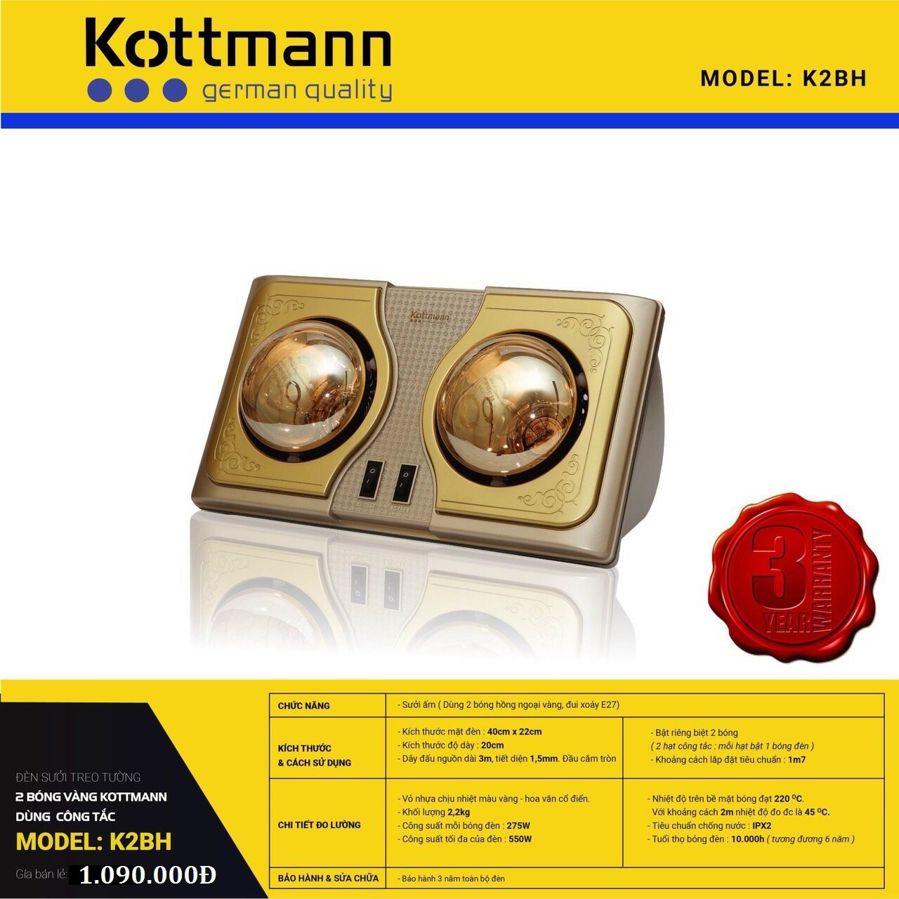 Đèn sưởi nhà tắm Kottmann 2 bóng - K2BH nhập khẩu nguyên chiếc
