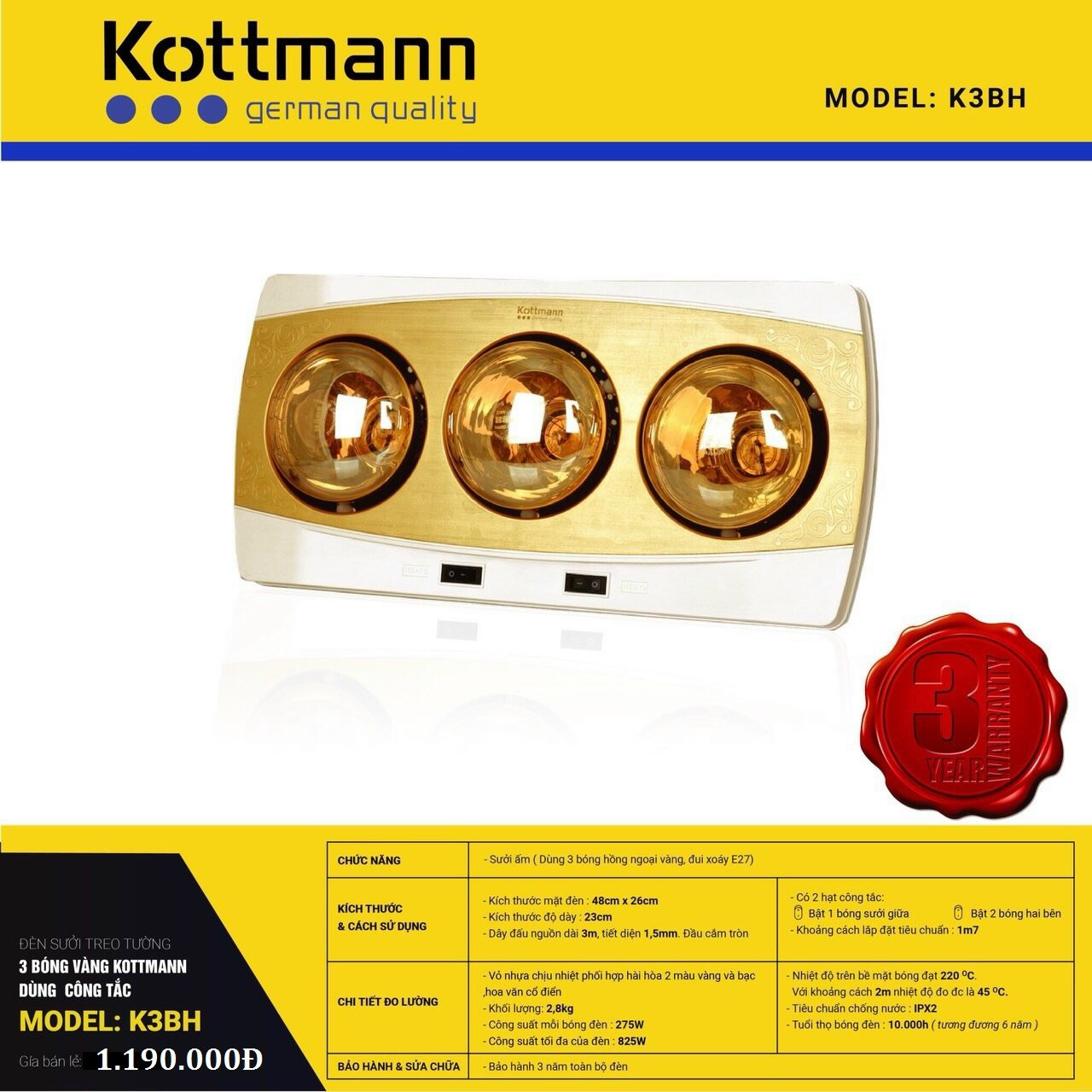 Đèn sưởi nhà tắm Kottmann 3 bóng - K3BH nhập khẩu nguyên chiếc