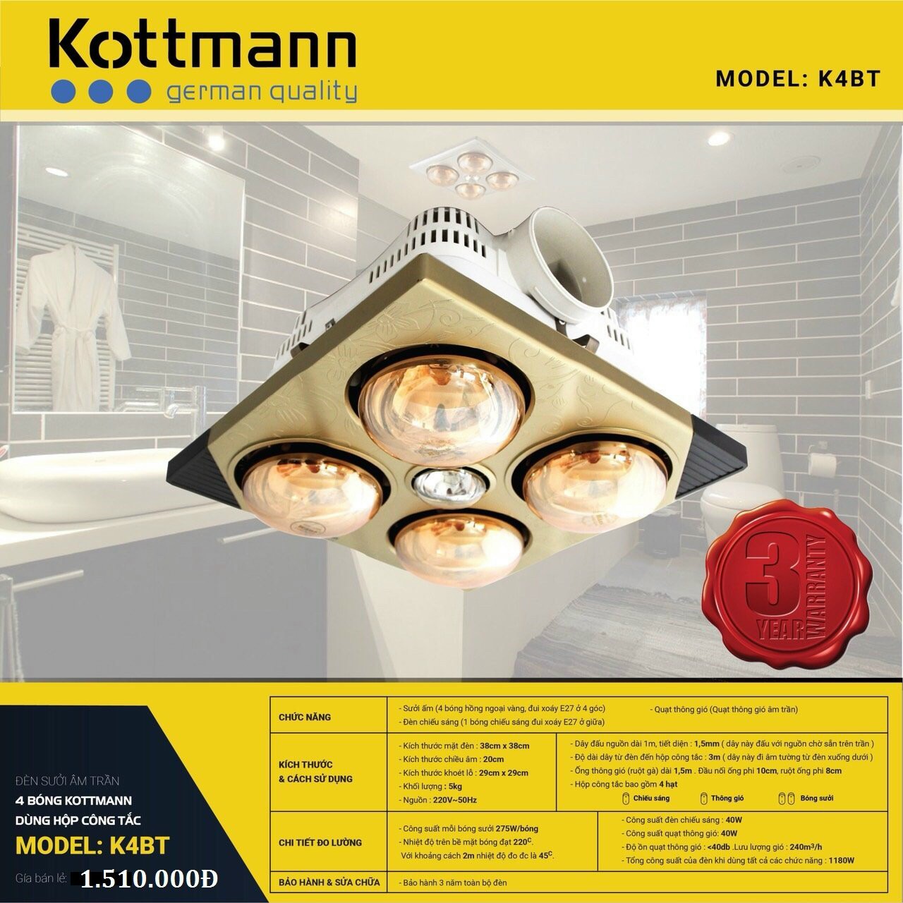Đèn sưởi Kottmann âm trần K4BT nhập khẩu nguyên chiếc