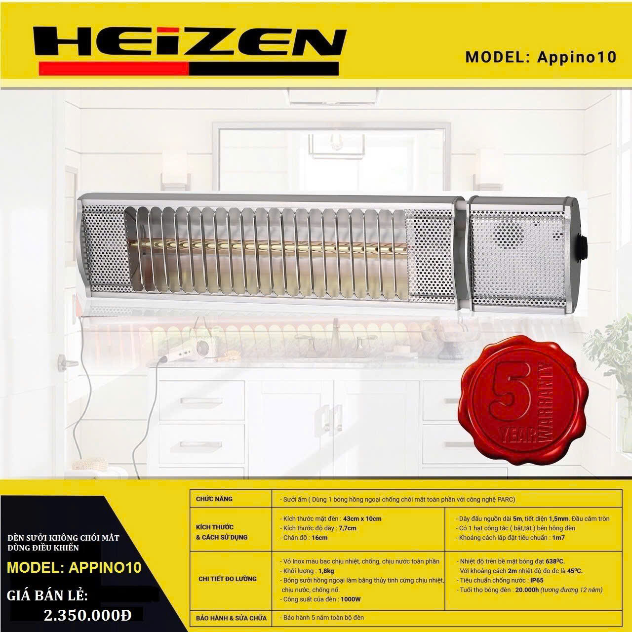 Đèn sưởi nhà tắm không chói mắt Appino 10 (1000W)