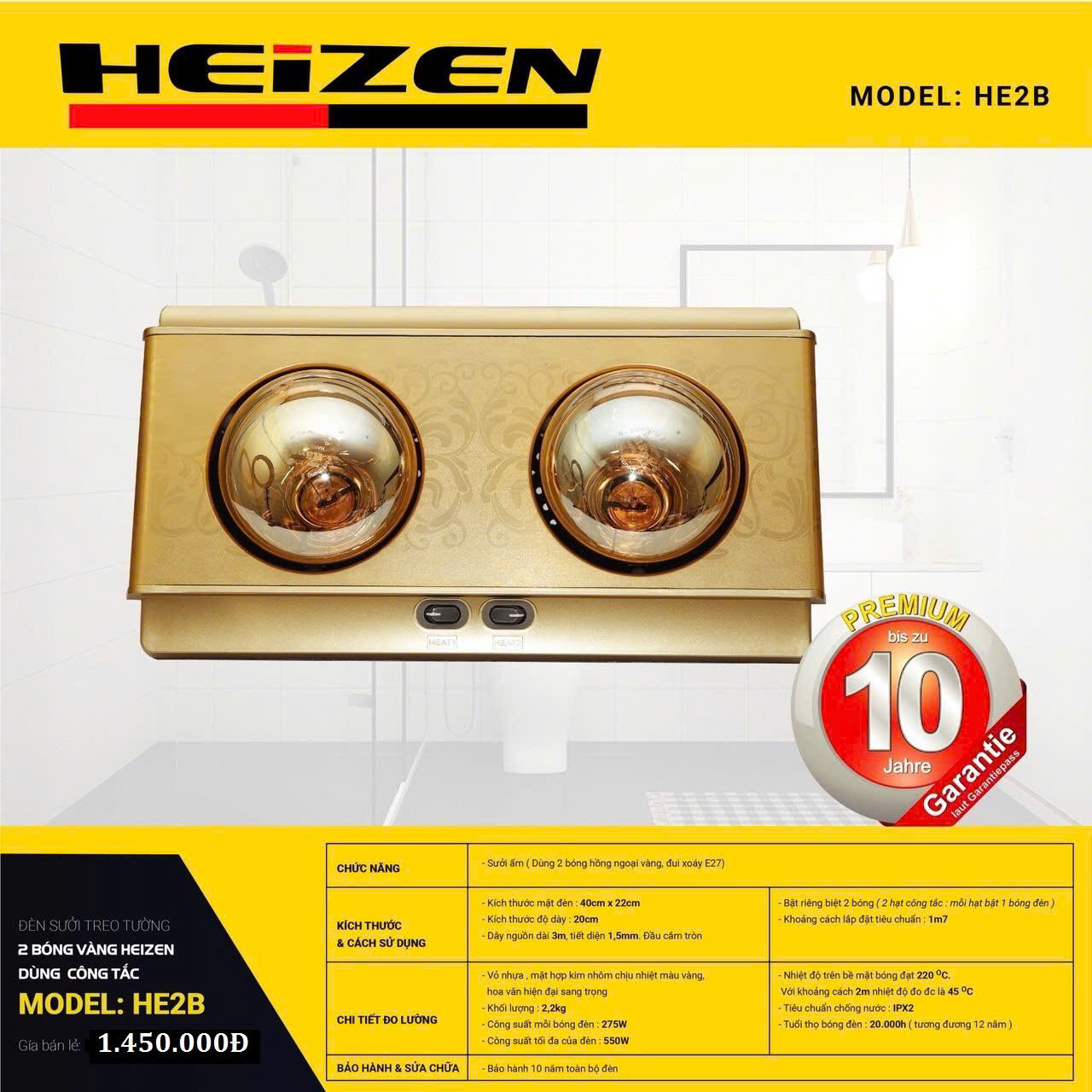 Đèn sưởi nhà tắm Heizen 2 bóng - HE2B