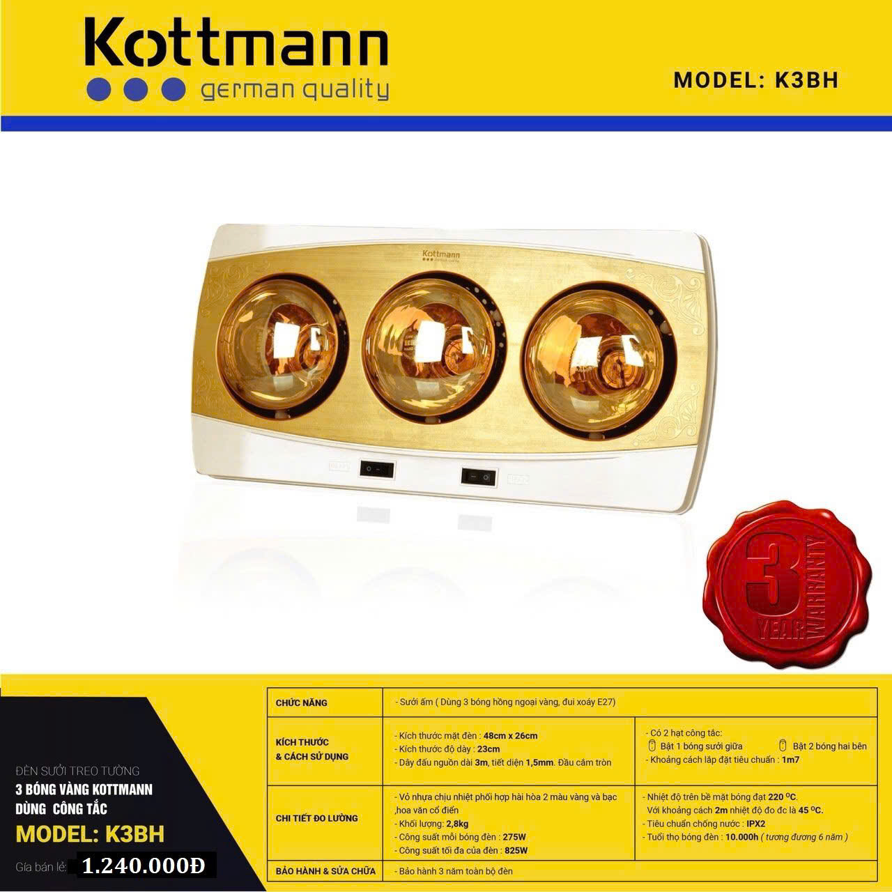 Đèn sưởi nhà tắm Kottmann 3 bóng - K3BQ