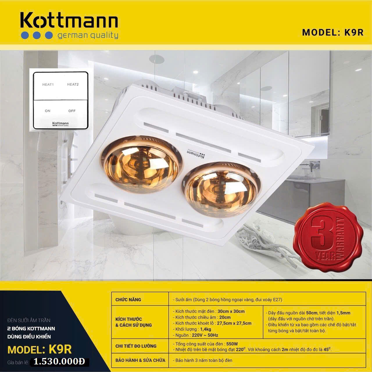 Đèn sưởi nhà tắm Kottmann 2 bóng âm trần - K9R