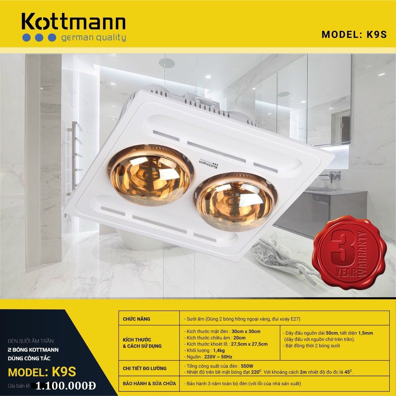 Đèn sưởi nhà tắm Kottmann 2 bóng âm trần - K9S