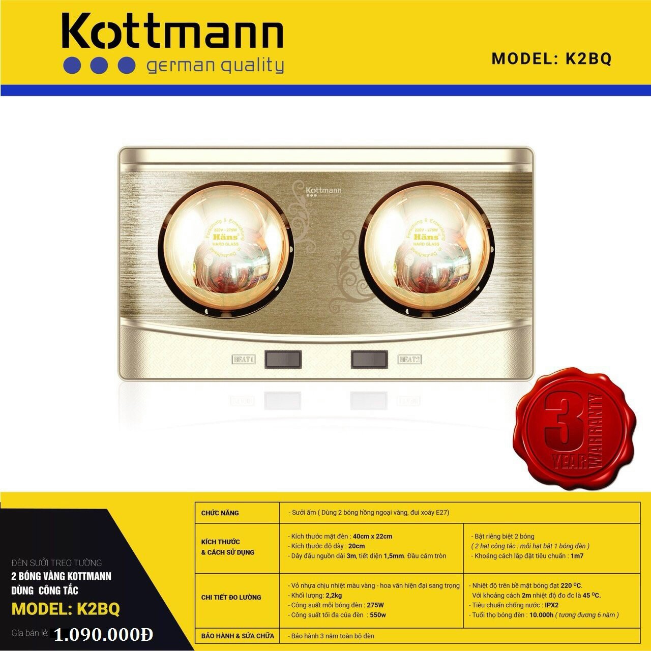 Đèn sưởi nhà tắm Kottmann 2 bóng - K2B-Q