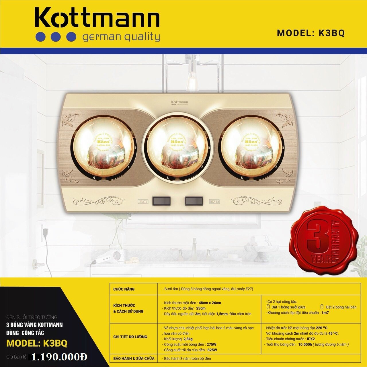 Đèn sưởi nhà tắm Kottmann 3 bóng - K3BQ