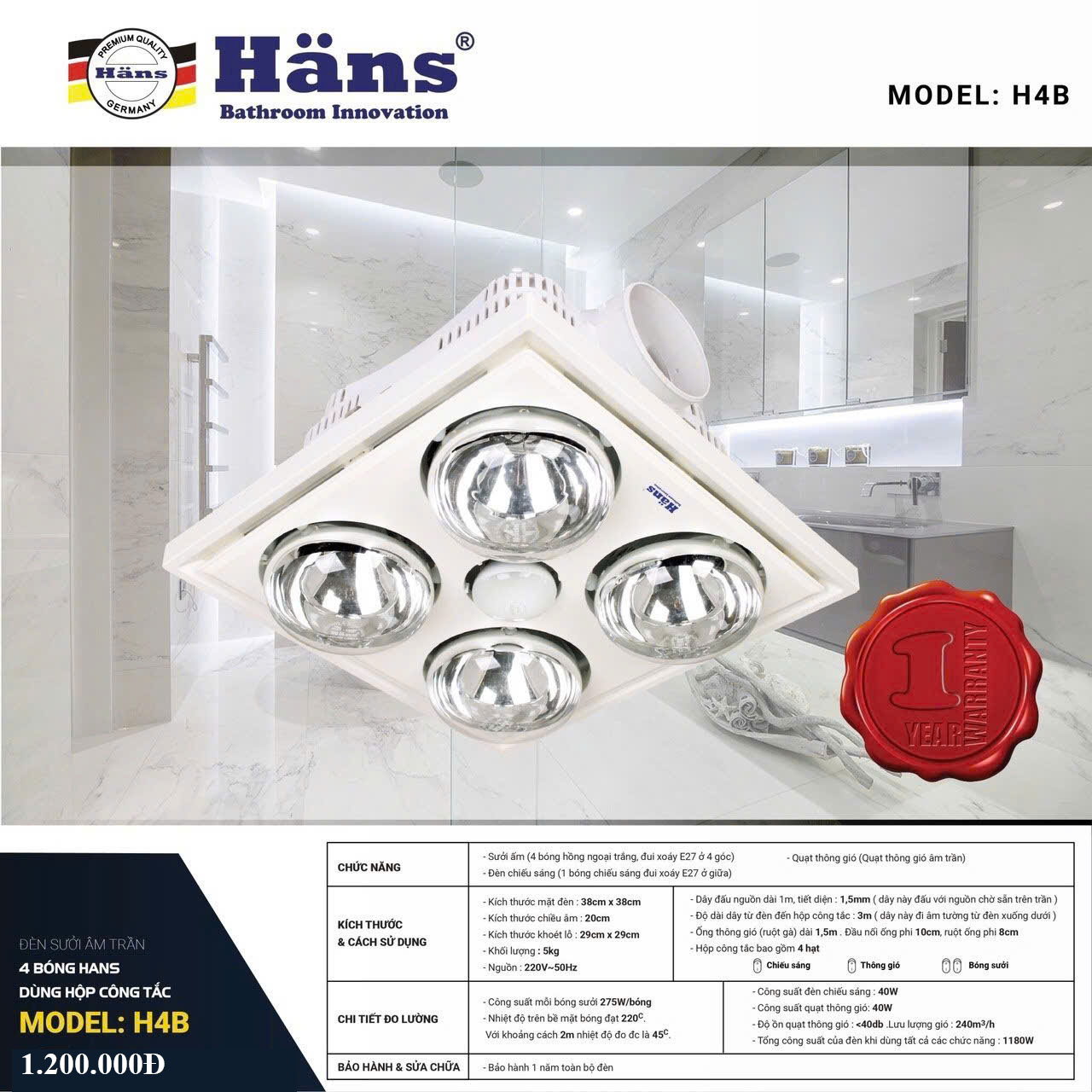 Đèn sưởi nhà tắm Hans 4 bóng H4B176